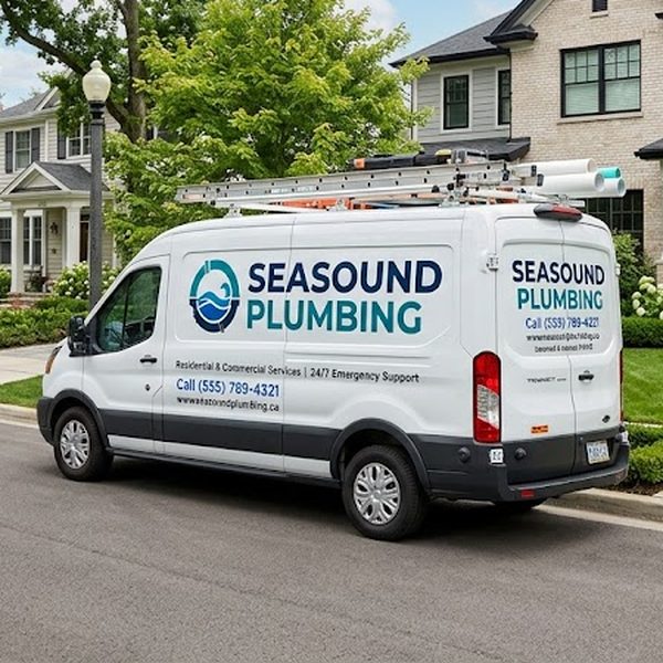 White Seasound Plumbing service van parked outside a house